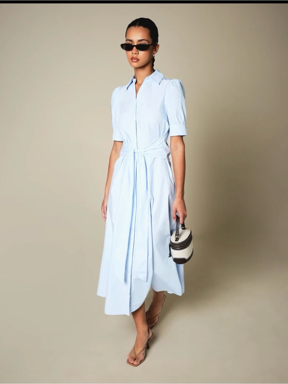 Midi Shirt Dress With Puff Sleeves Tie Waist Belt Blue NWT